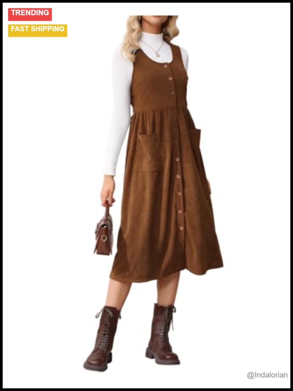 Corduroy Overall Dress Sleeveless Pinafore Midi A-Line Button Front